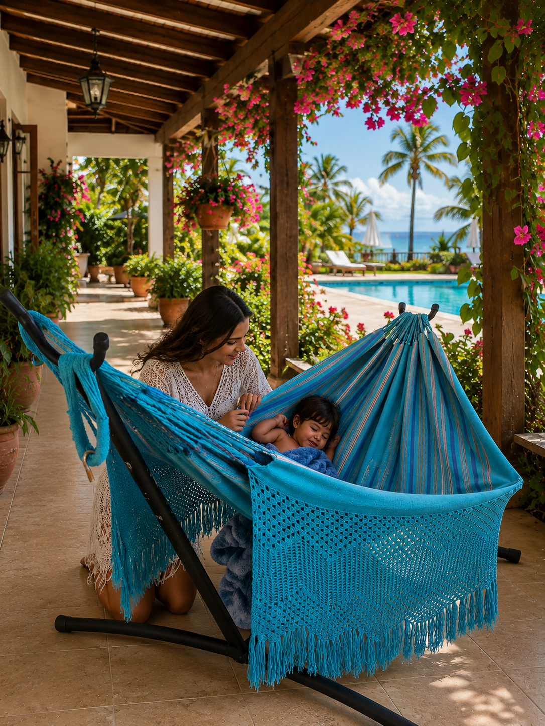 Mother watching her sleeping baby in a turquoise handwoven hammock on a tropical patio