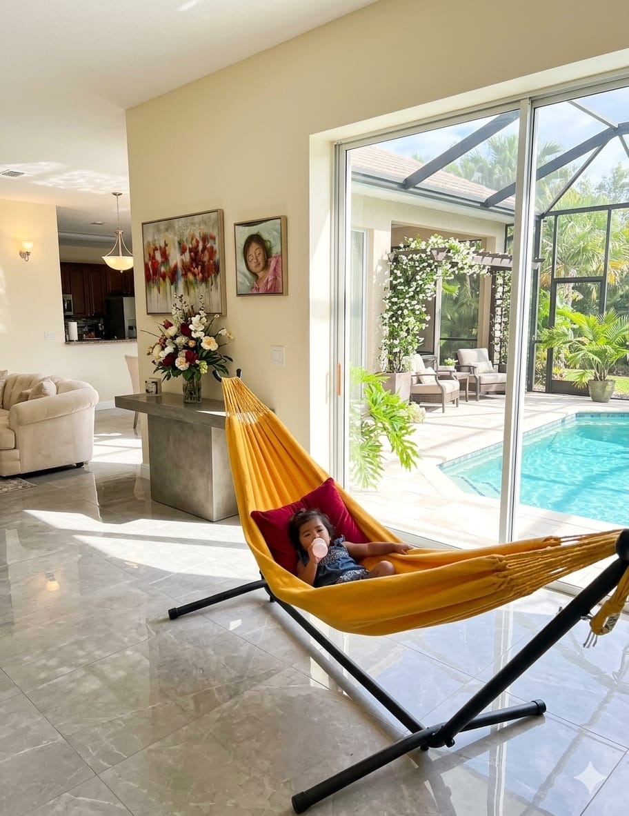 Child relaxing in a bright yellow handwoven hammock inside a bright modern home with a pool view