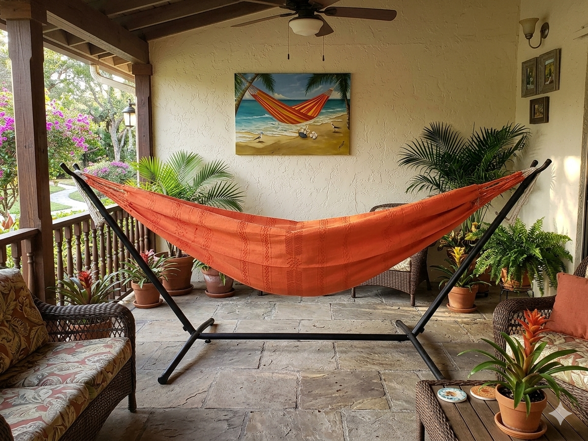 Orange handwoven hammock on a black stand on a covered stone patio surrounded by tropical plants