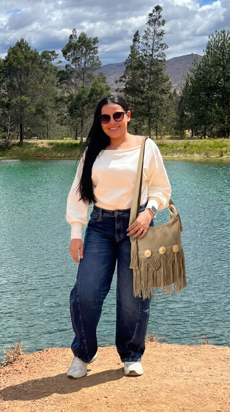 Modelo exhibiendo un bolso artesanal tejido color beige